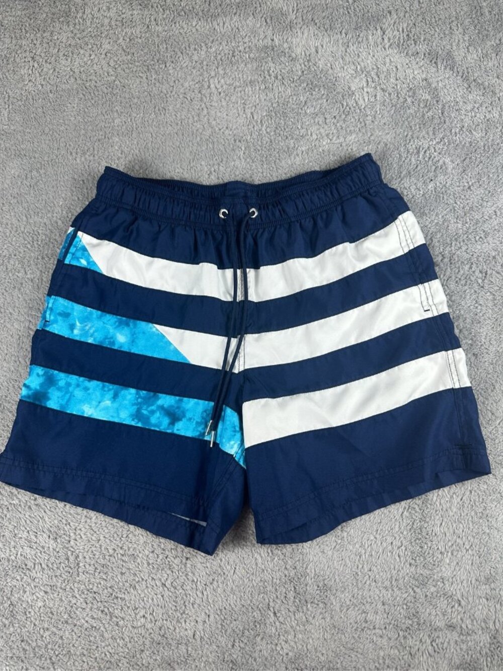 Lands' End Men's Swim Trunks Shorts Blue White Stripe Mesh Lined Medium
